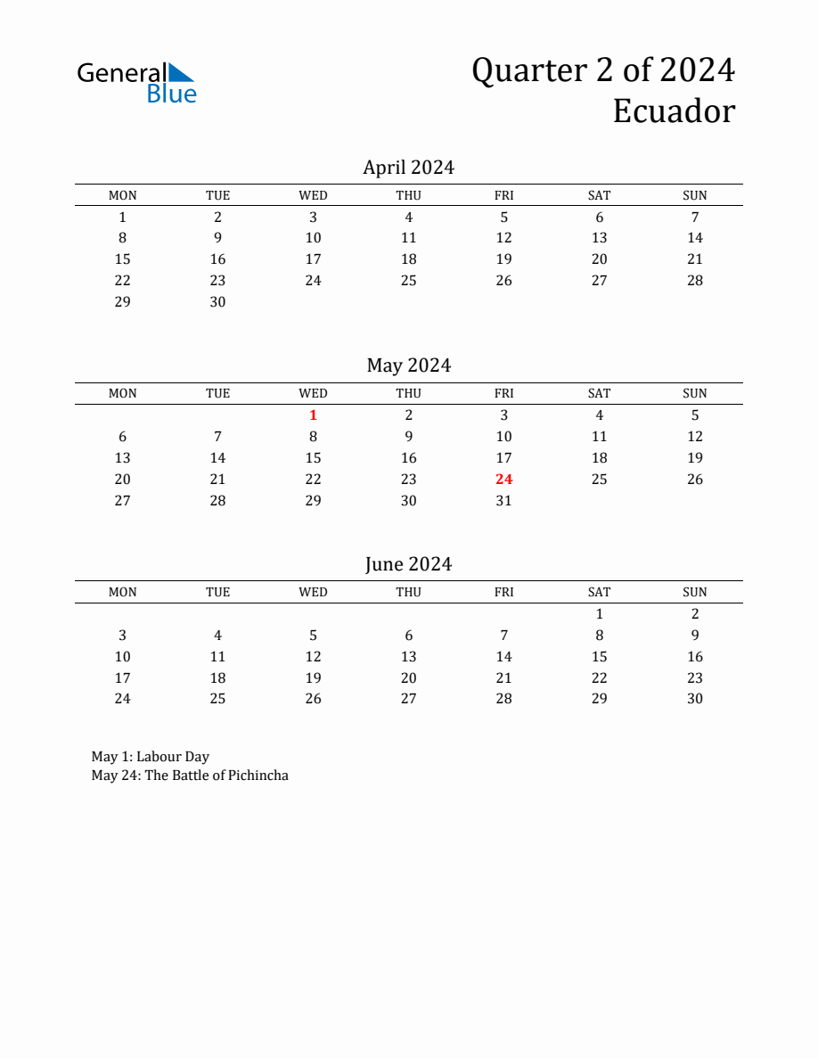 Quarter 2 2024 Ecuador Quarterly Calendar