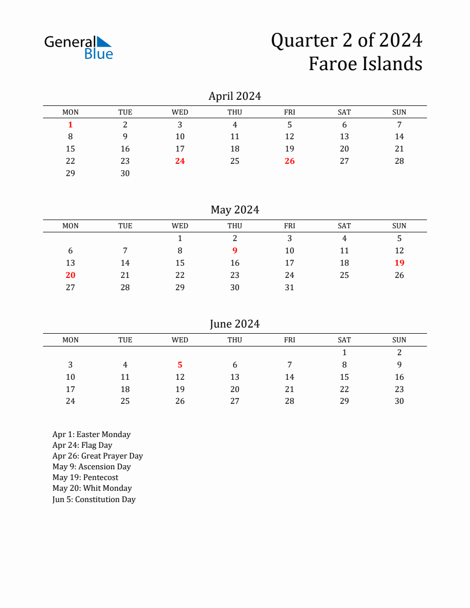 Quarter 2 2024 Faroe Islands Quarterly Calendar