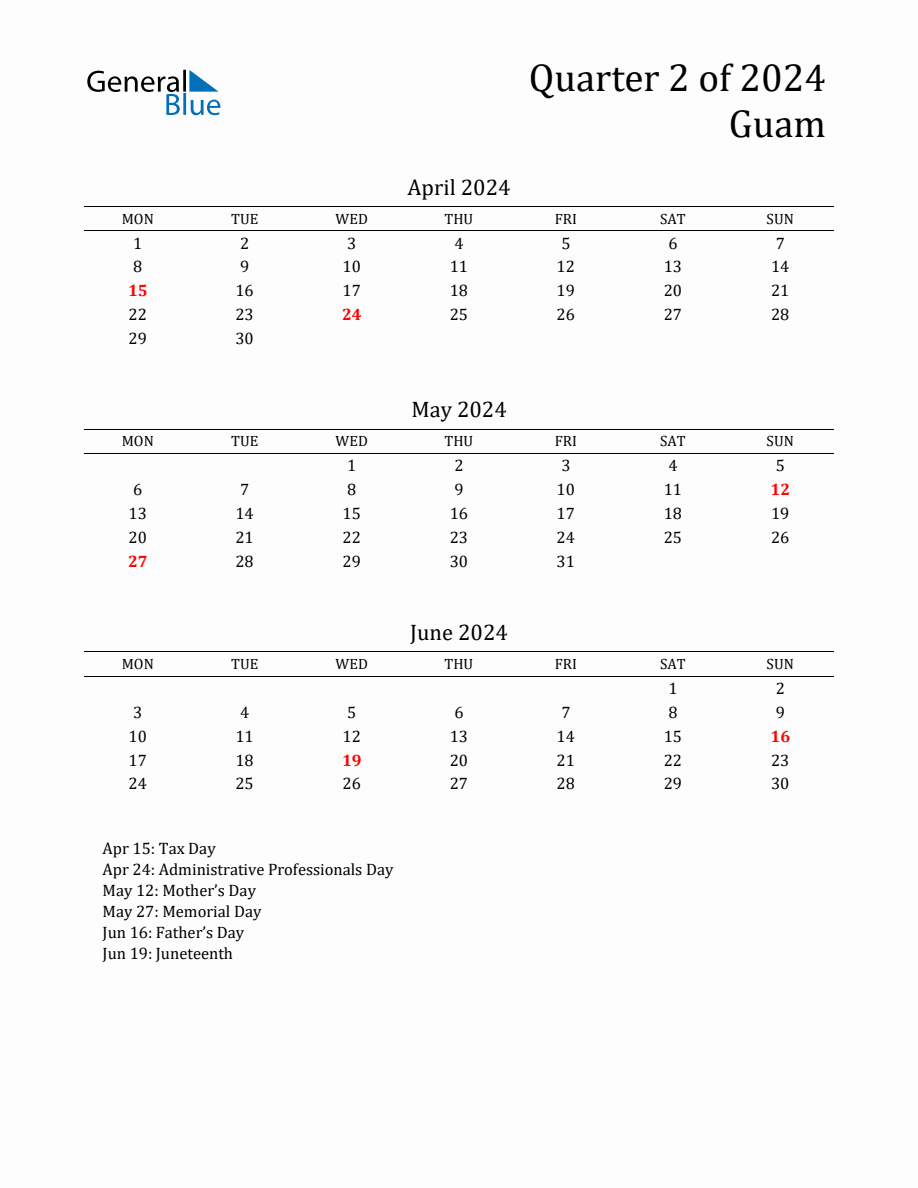 Quarter 2 2024 Guam Quarterly Calendar