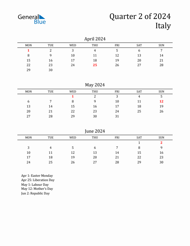 Threemonth calendar for Italy Q2 of 2024