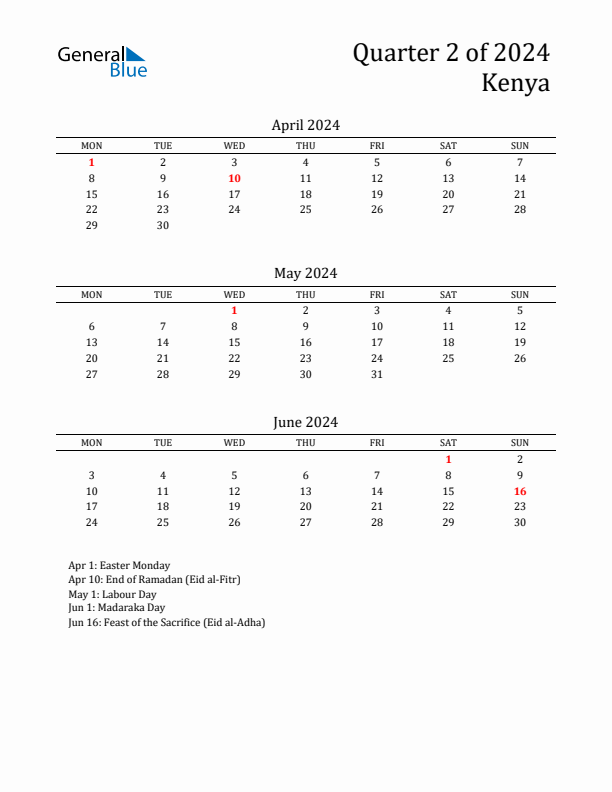 Threemonth calendar for Kenya Q2 of 2024
