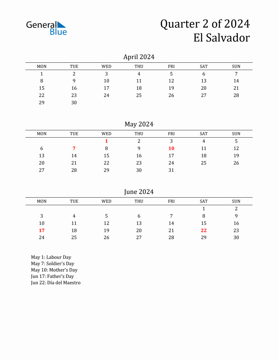 Quarter 2 2024 El Salvador Quarterly Calendar