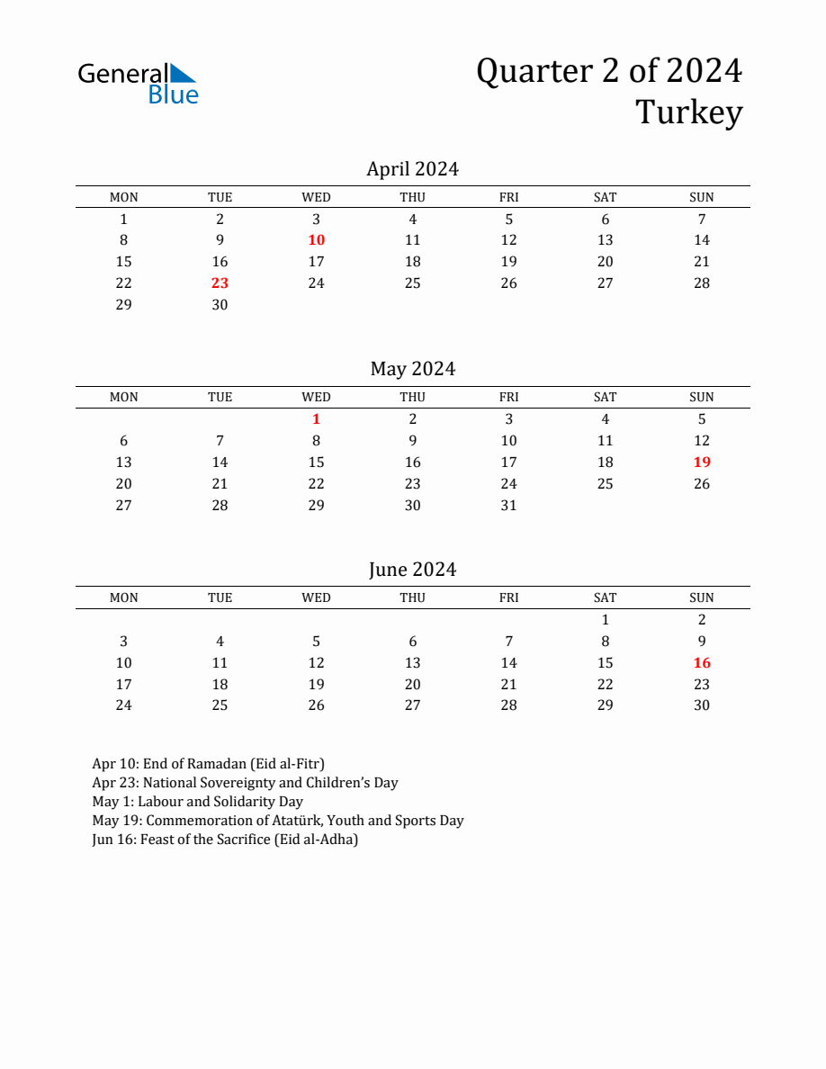 Quarter 2 2024 Turkey Quarterly Calendar