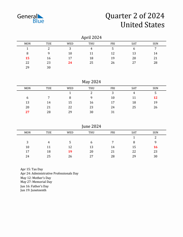 Threemonth calendar for United States Q2 of 2024