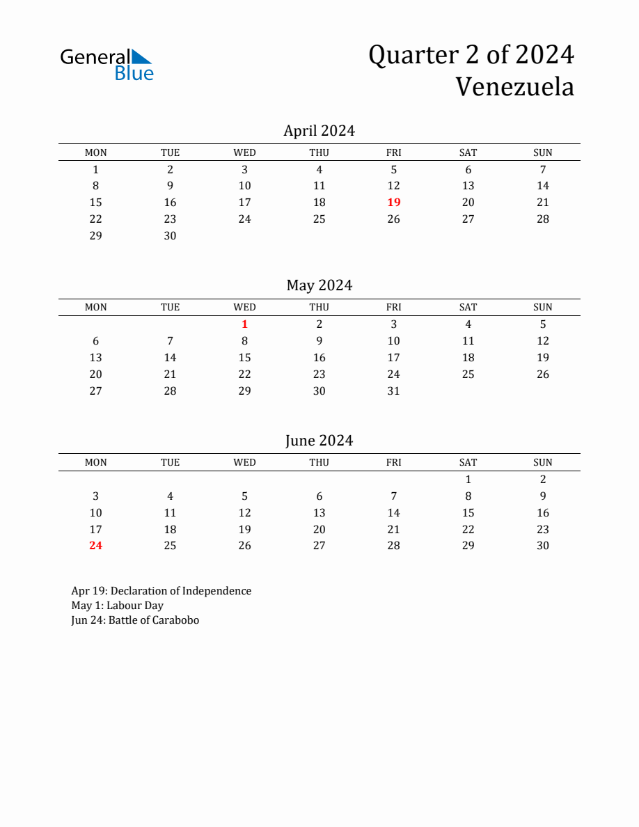 Quarter 2 2024 Venezuela Quarterly Calendar