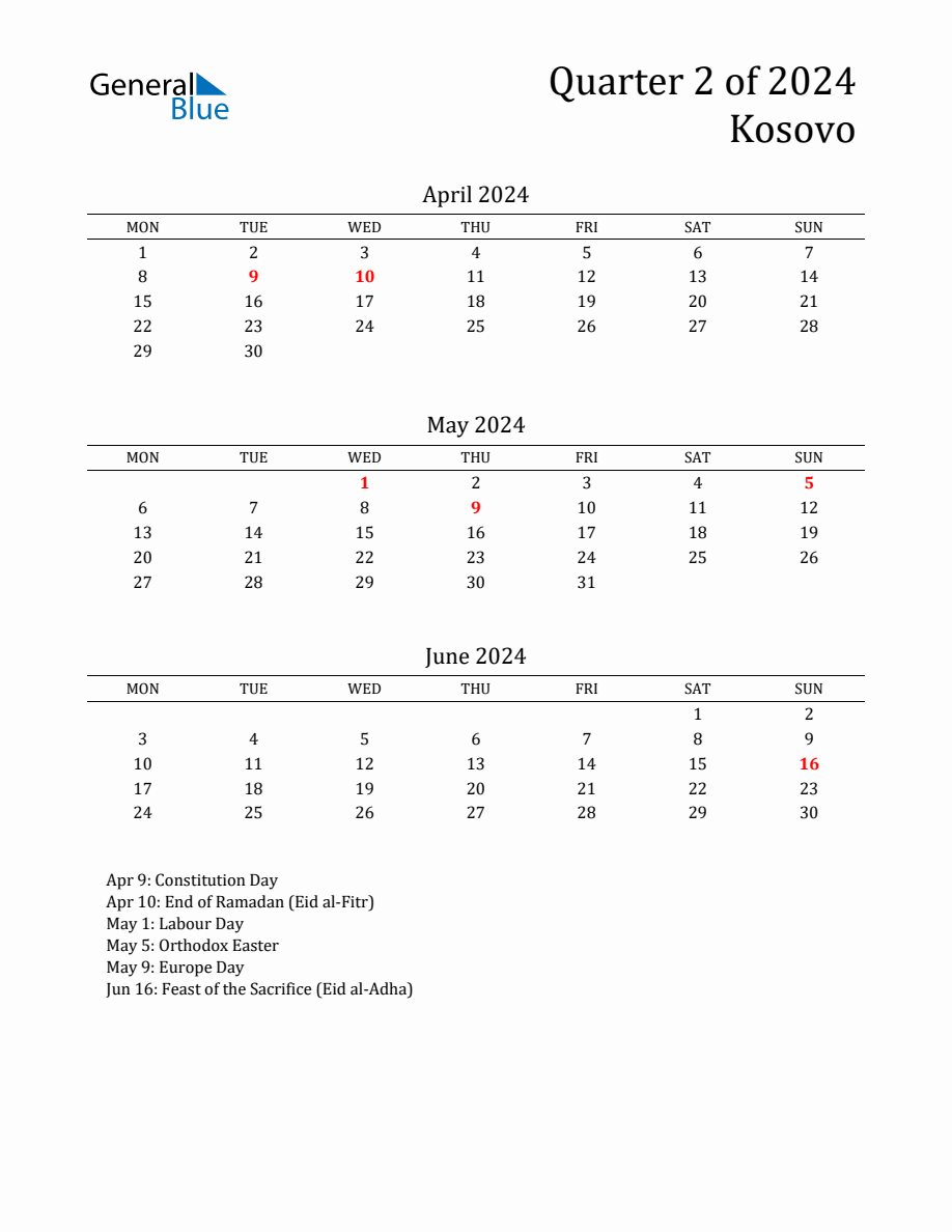 Quarter 2 2024 Kosovo Quarterly Calendar