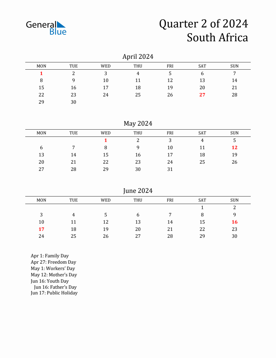 Quarter 2 2024 South Africa Quarterly Calendar