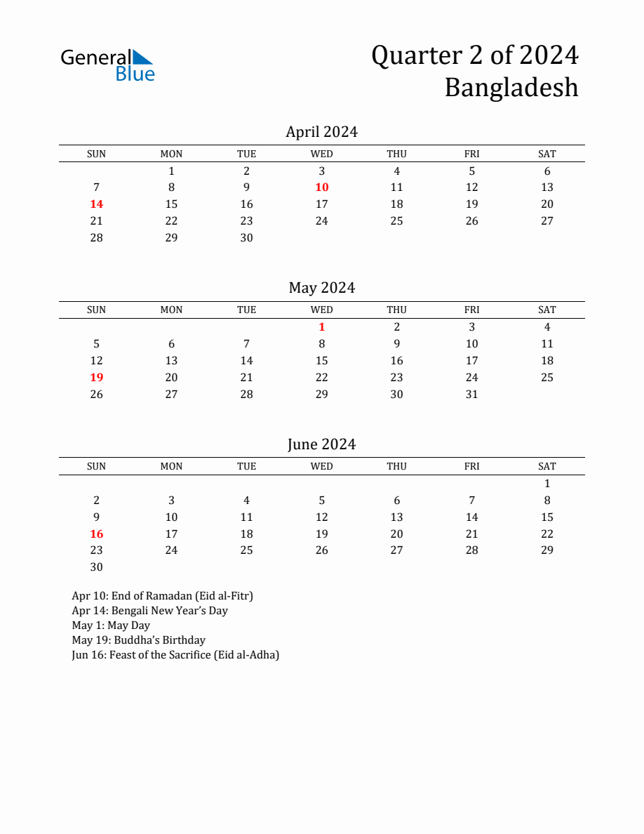 Quarter 2 2024 Bangladesh Quarterly Calendar