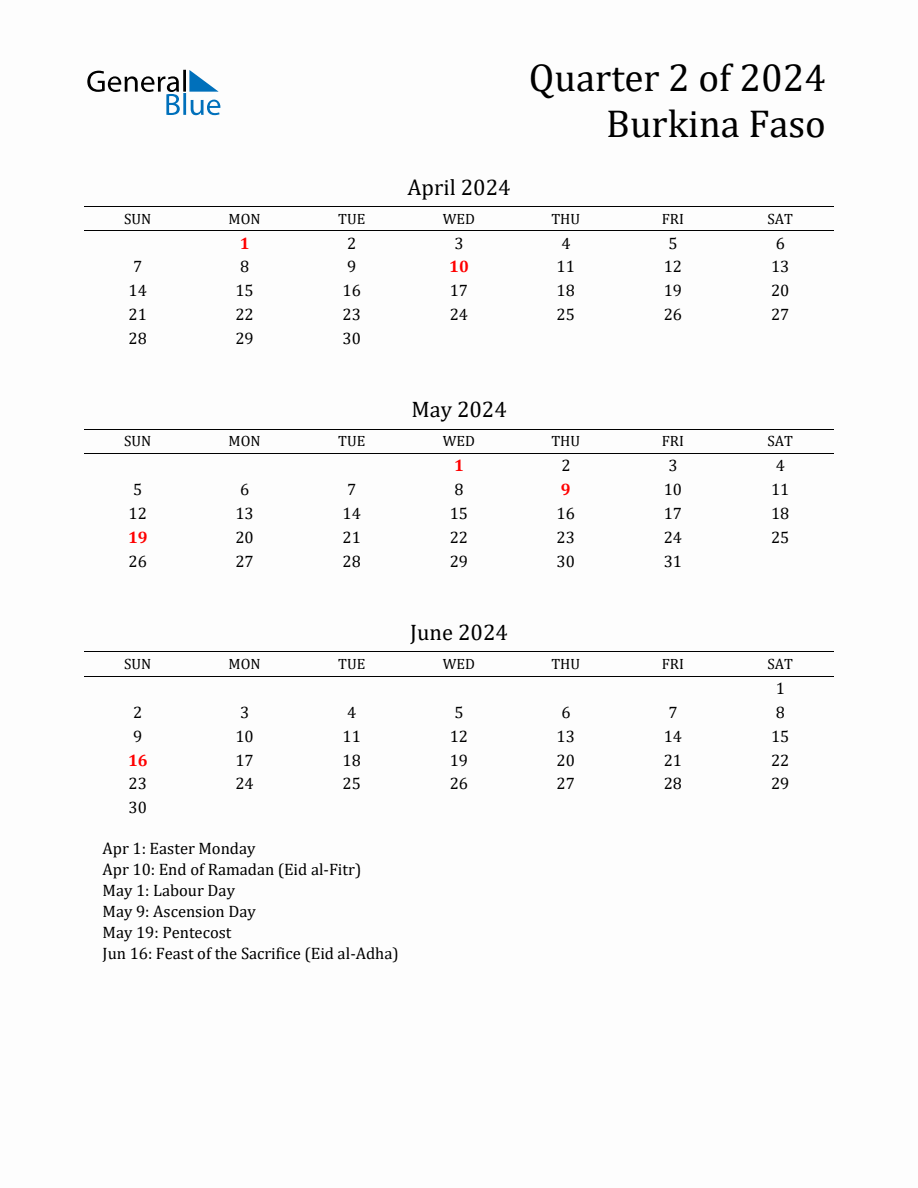 Quarter 2 2024 Burkina Faso Quarterly Calendar