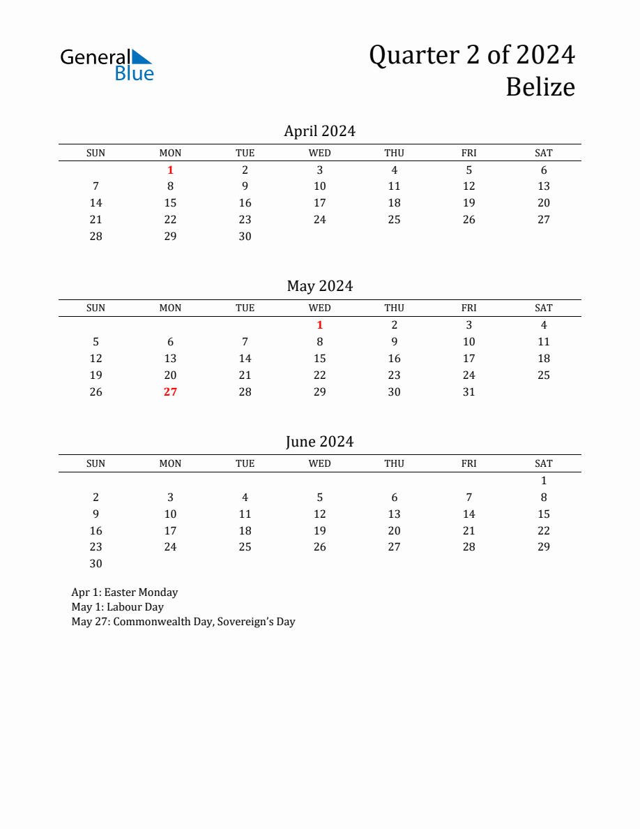 Quarter 2 2024 Belize Quarterly Calendar