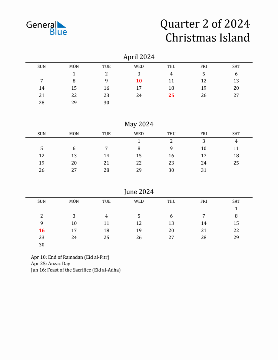 Quarter 2 2024 Christmas Island Quarterly Calendar