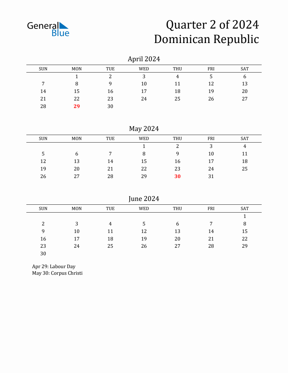 Quarter 2 2024 Dominican Republic Quarterly Calendar