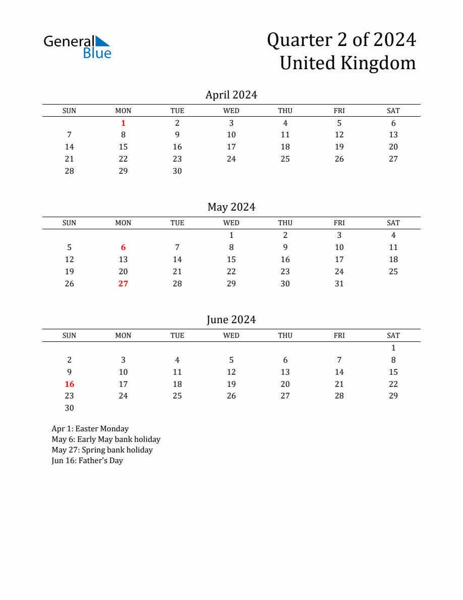 Quarter 2 2024 United Kingdom Quarterly Calendar