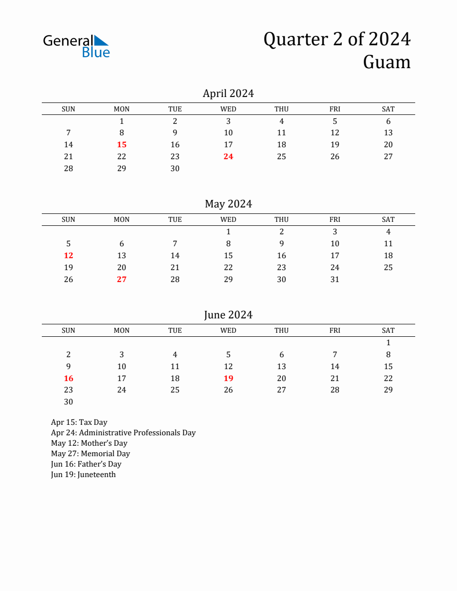 Quarter 2 2024 Guam Quarterly Calendar