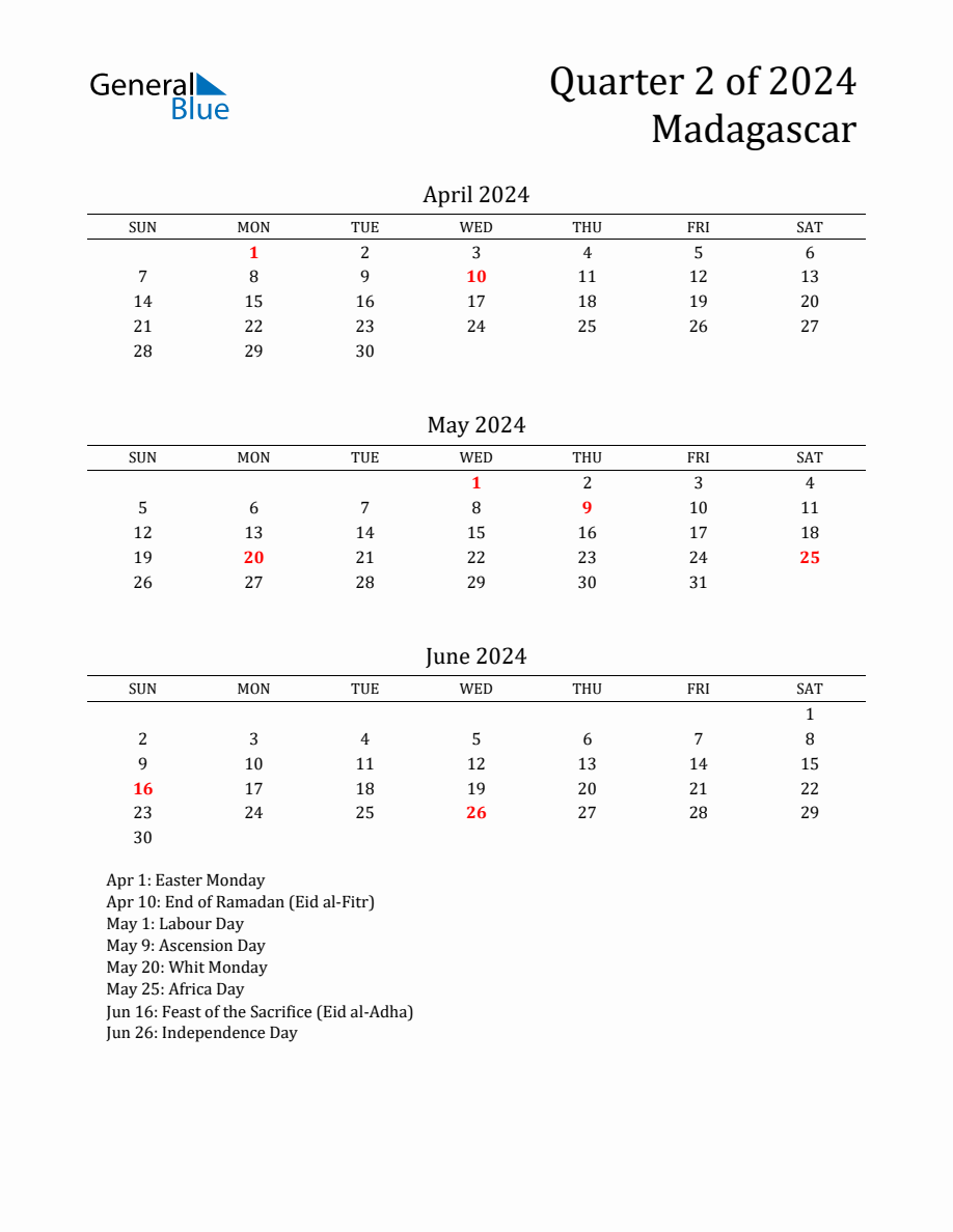 Quarter 2 2024 Madagascar Quarterly Calendar