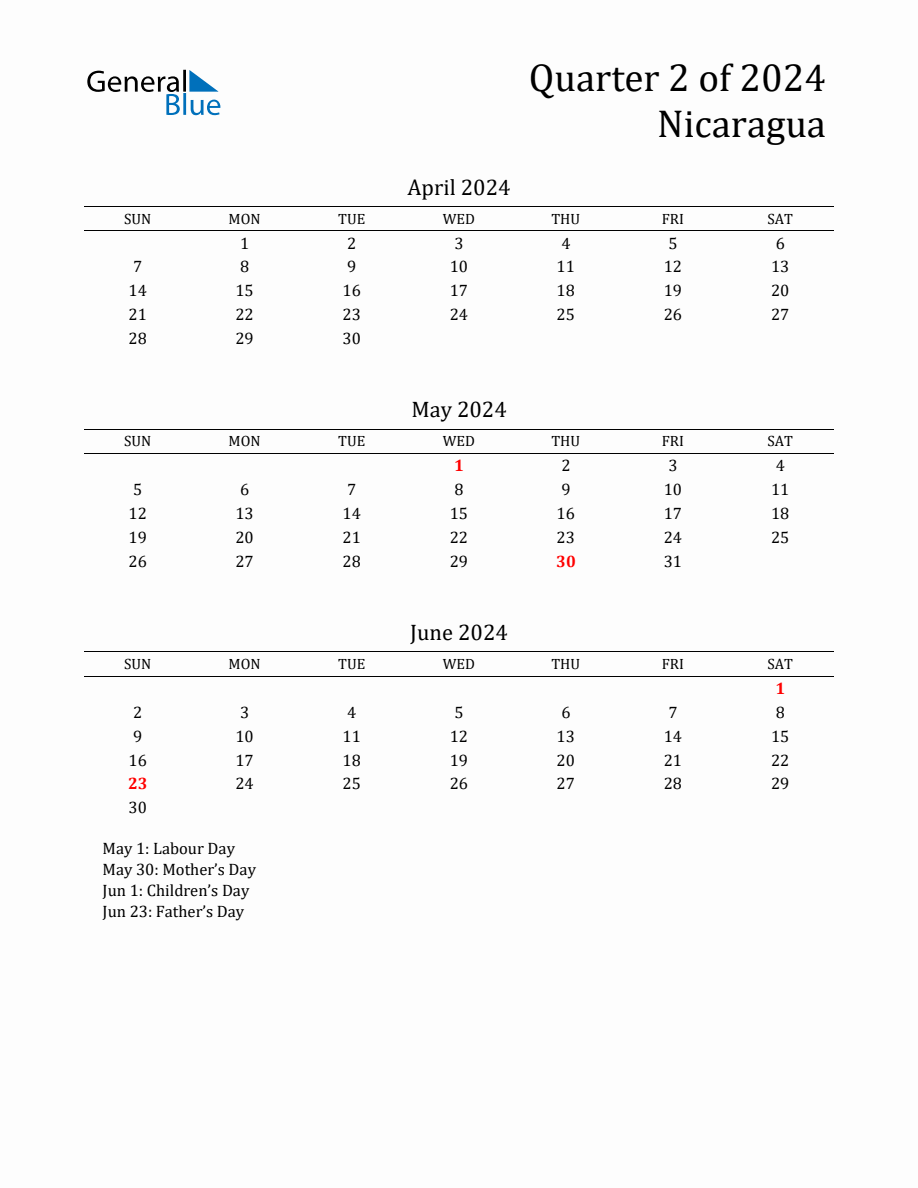 Quarter 2 2024 Nicaragua Quarterly Calendar