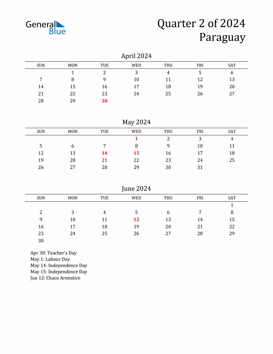 Quarter 2 2024 Paraguay Quarterly Calendar