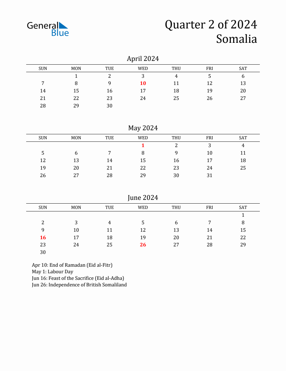 Quarter 2 2024 Somalia Quarterly Calendar