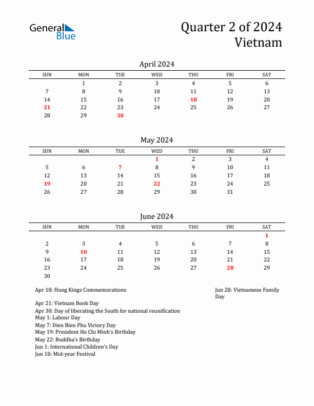 Q2 2024 Quarterly Calendar with Vietnam Holidays (PDF, Excel, Word)