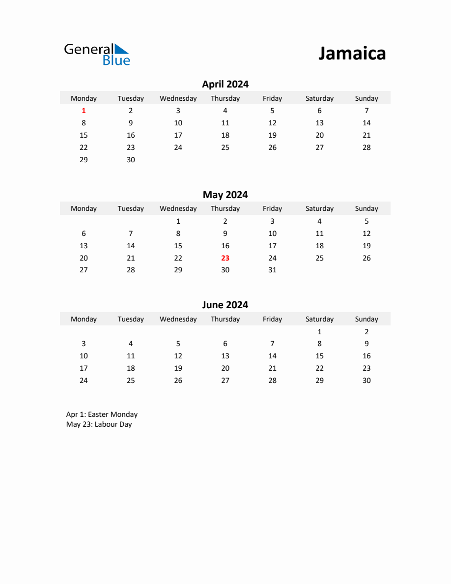 Printable Quarterly Calendar with Notes and Jamaica Holidays Q2 of 2024