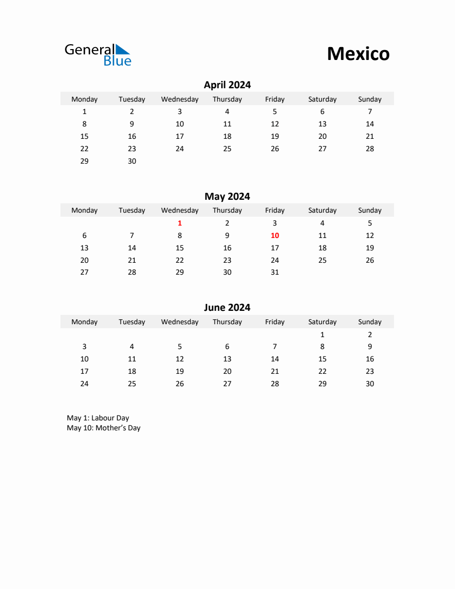 Printable Quarterly Calendar with Notes and Mexico Holidays Q2 of 2024