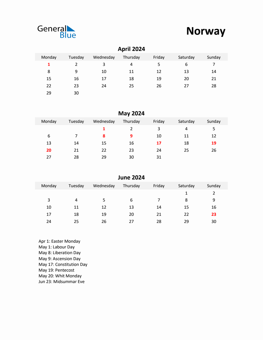 Printable Quarterly Calendar with Notes and Norway Holidays Q2 of 2024