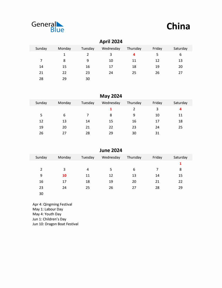 Printable Quarterly Calendar with Notes and China Holidays Q2 of 2024