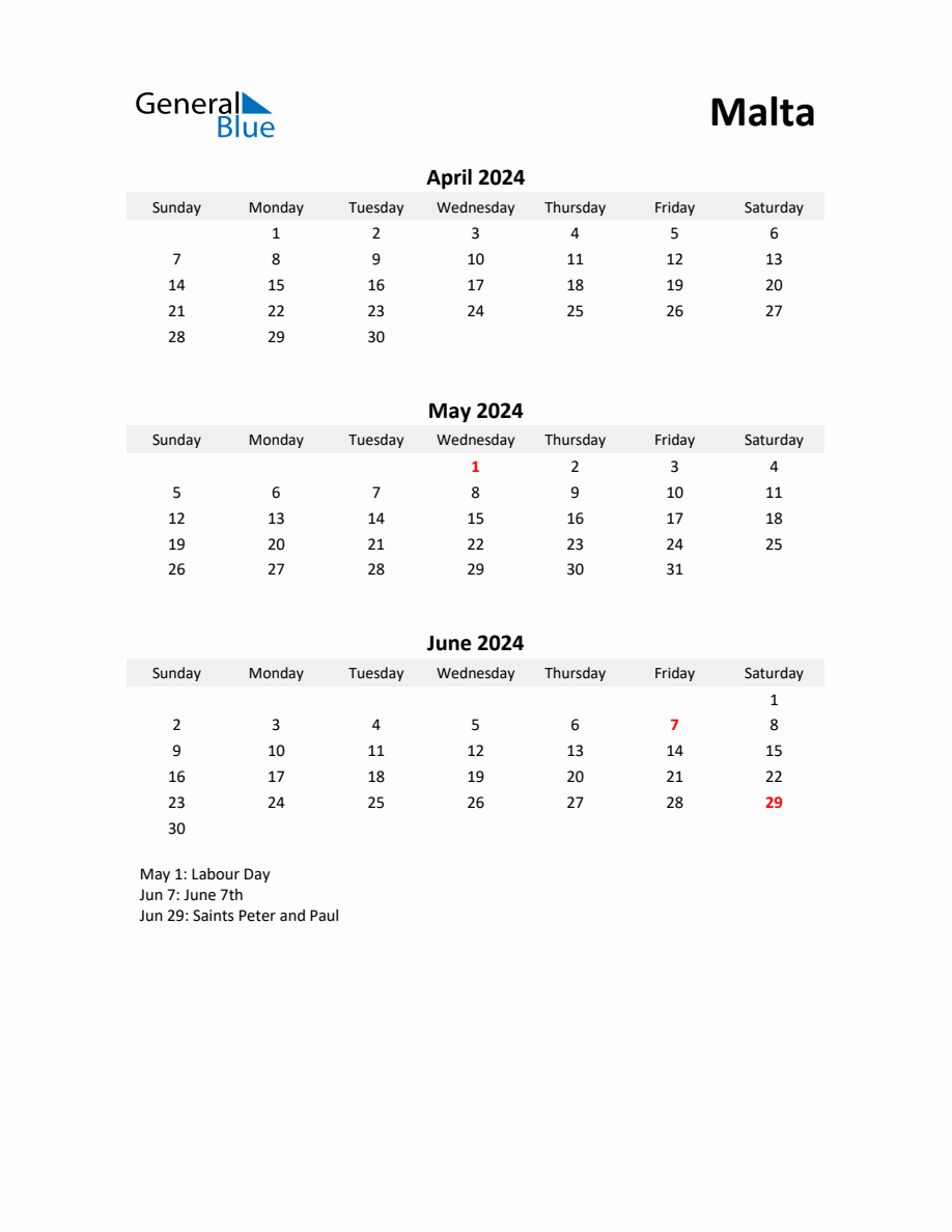 Printable Quarterly Calendar with Notes and Malta Holidays Q2 of 2024