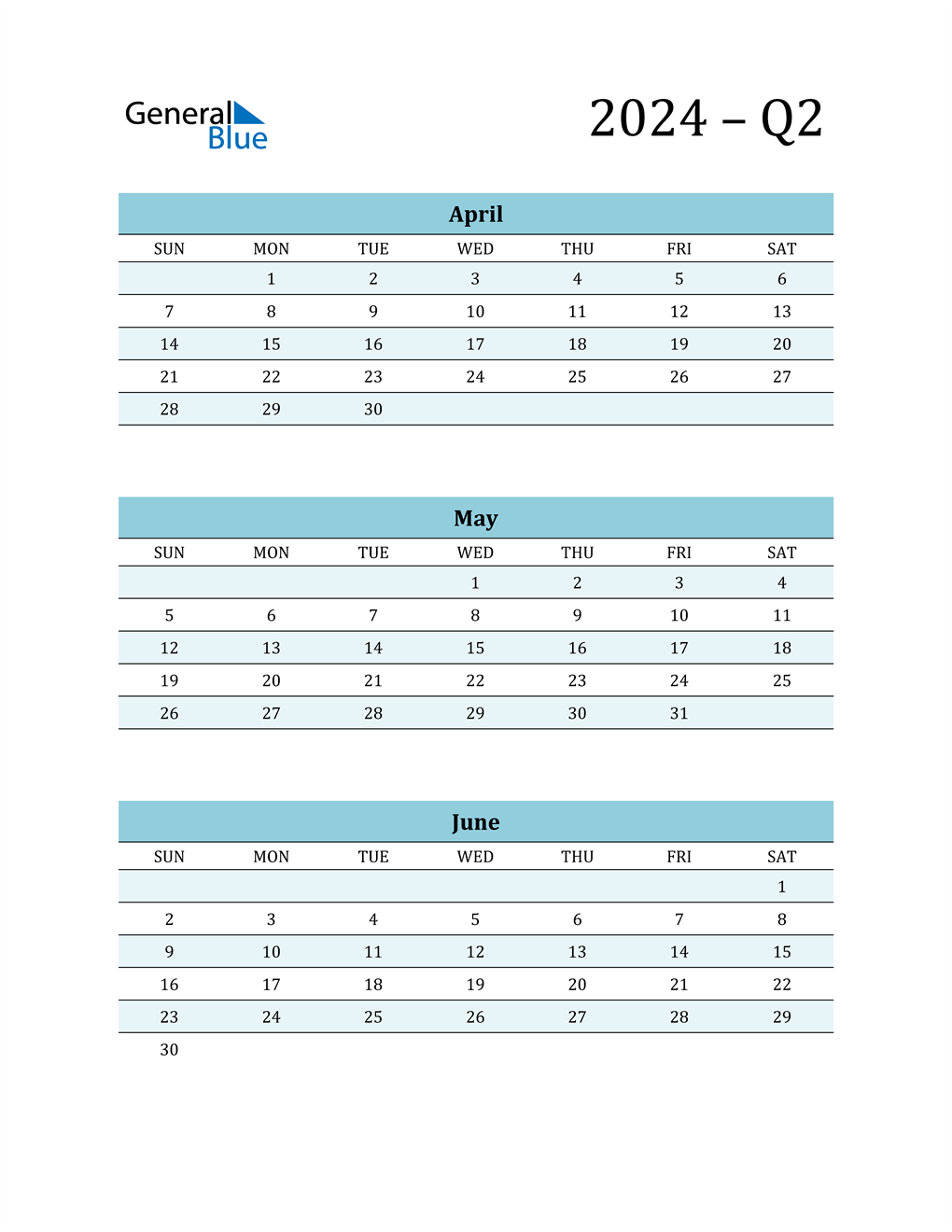  April, May, and June 2024 Calendar