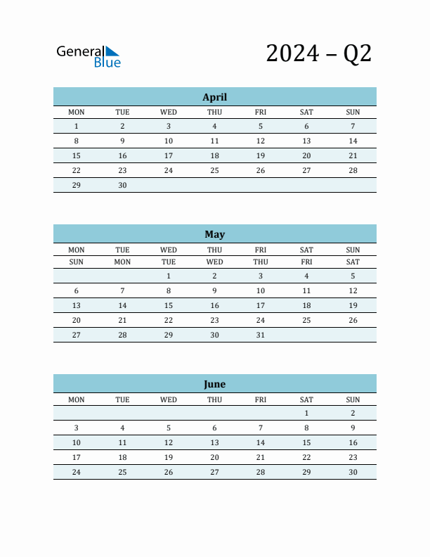 April, May, and June 2024 Calendar
