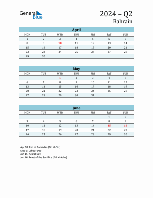 Three-Month Planner for Q2 2024 with Holidays - Bahrain