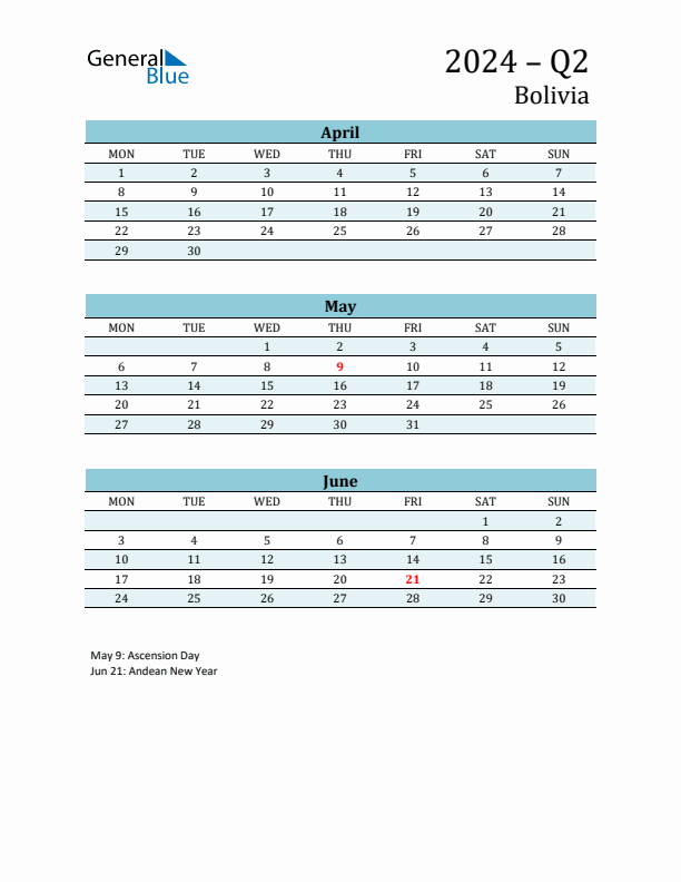 Threemonth calendar for Bolivia Q2 of 2024
