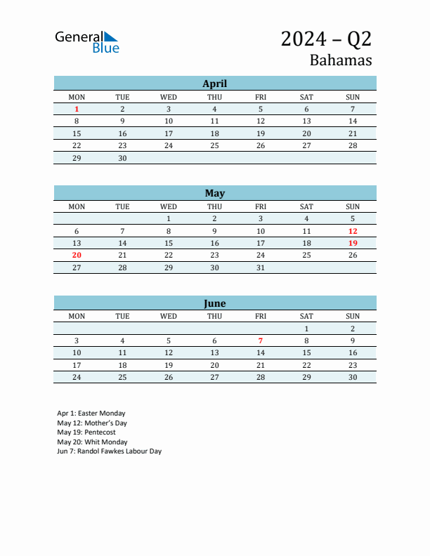 Threemonth calendar for Bahamas Q2 of 2024