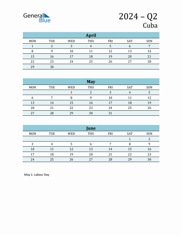 Three-Month Planner for Q2 2024 with Holidays - Cuba