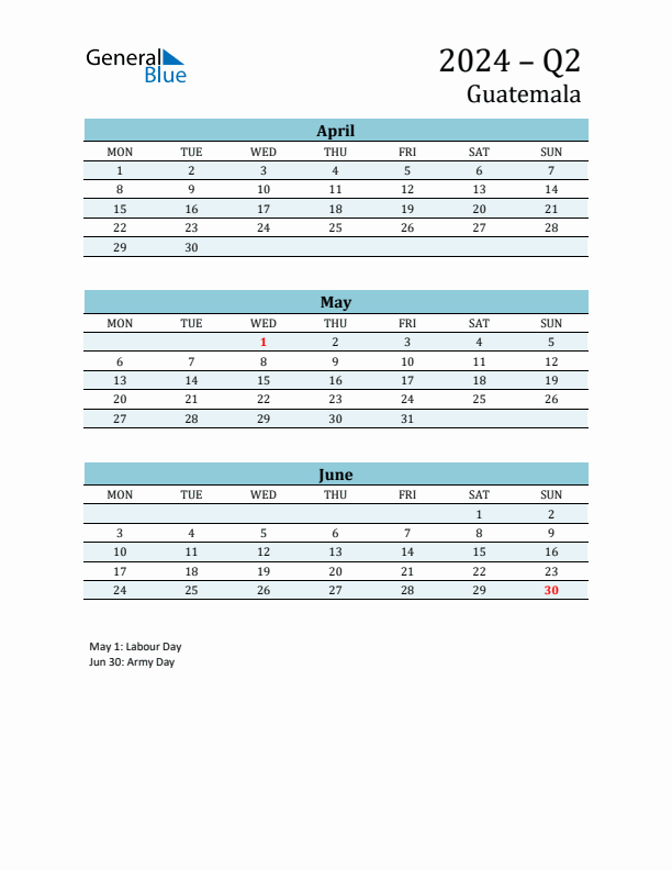 Three-Month Planner for Q2 2024 with Holidays - Guatemala