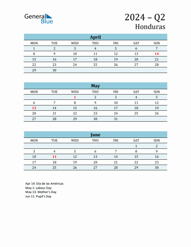 Three-Month Planner for Q2 2024 with Holidays - Honduras