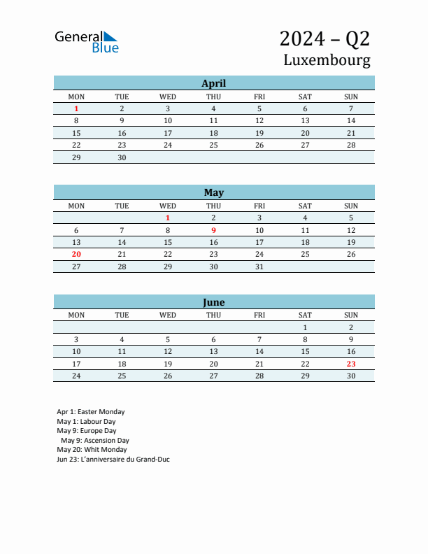 Three-Month Planner for Q2 2024 with Holidays - Luxembourg