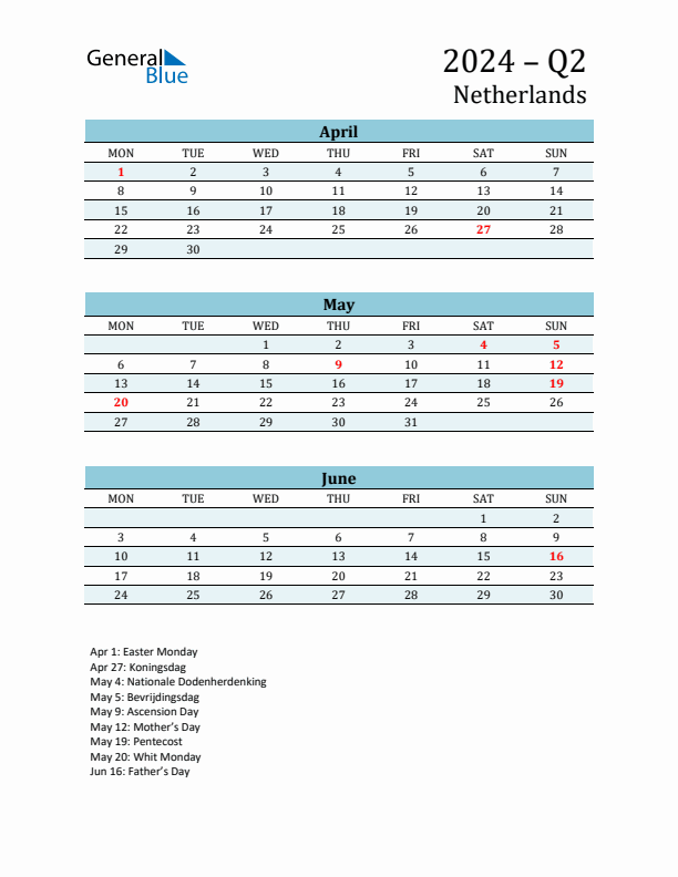 Three-Month Planner for Q2 2024 with Holidays - The Netherlands