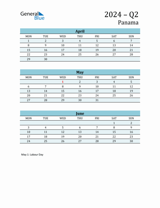 Threemonth calendar for Panama Q2 of 2024