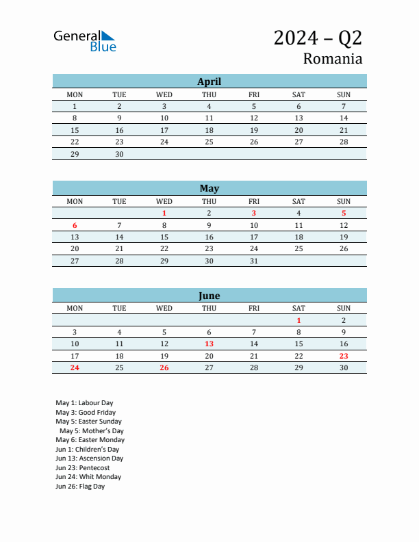 Q2 2024 Monday Start Quarterly Calendar with Romania Holidays