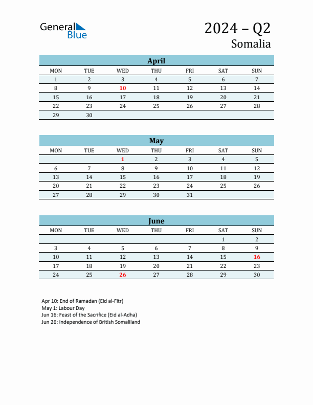 Three-Month Planner for Q2 2024 with Holidays - Somalia