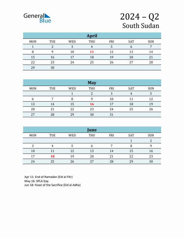 Three-Month Planner for Q2 2024 with Holidays - South Sudan