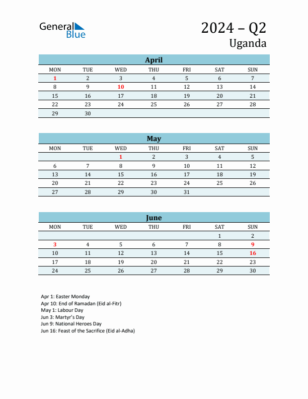 Three-Month Planner for Q2 2024 with Holidays - Uganda