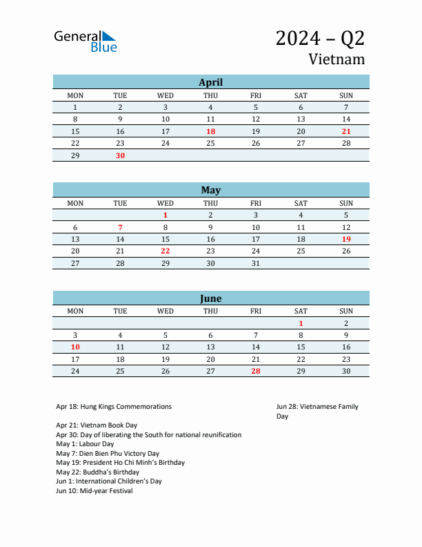 Three-Month Planner for Q2 2024 with Holidays - Vietnam