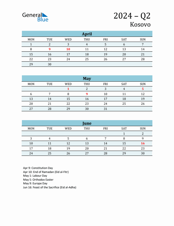 Three-Month Planner for Q2 2024 with Holidays - Kosovo