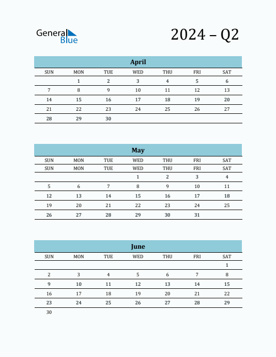 Quarter 2 2024 calendar template