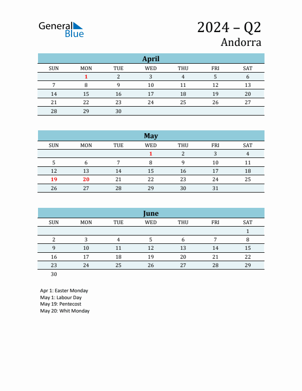 Q2 2024 Quarterly Calendar with Andorra Holidays