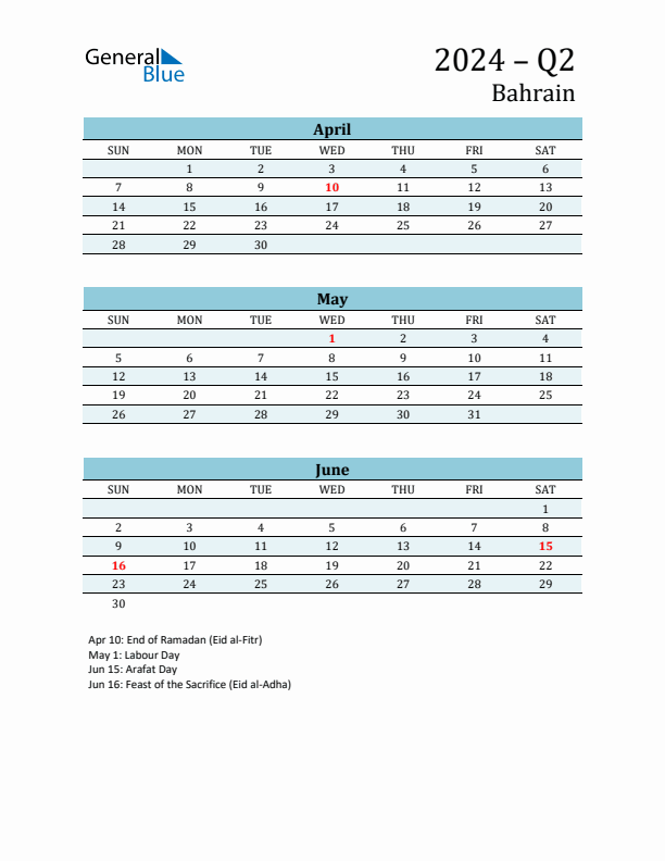 Three-Month Planner for Q2 2024 with Holidays - Bahrain