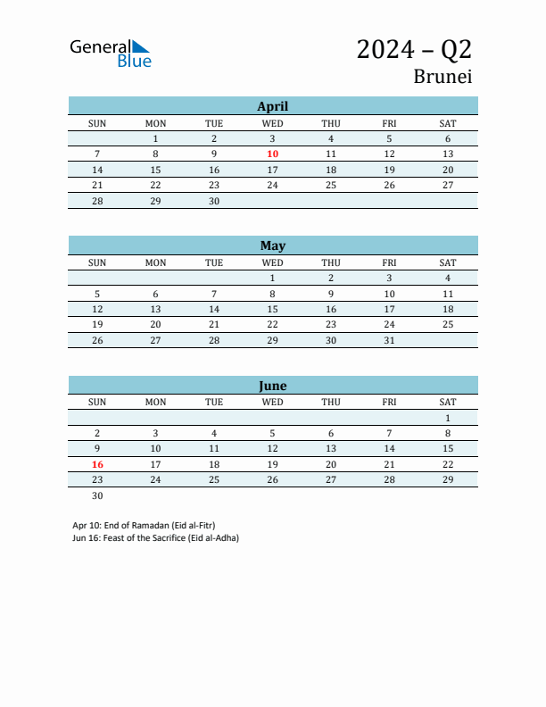 Three-Month Planner for Q2 2024 with Holidays - Brunei