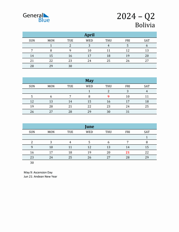 Three-Month Planner for Q2 2024 with Holidays - Bolivia